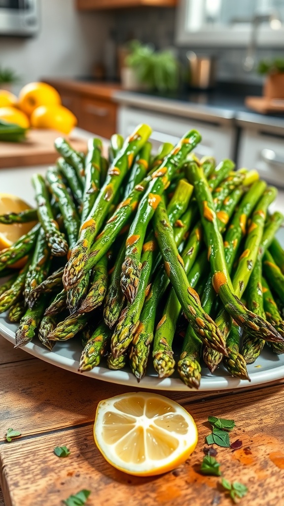 Grilled asparagus spears marinated in lemon and garlic, served on a rustic wooden plate with lemon wedges.
